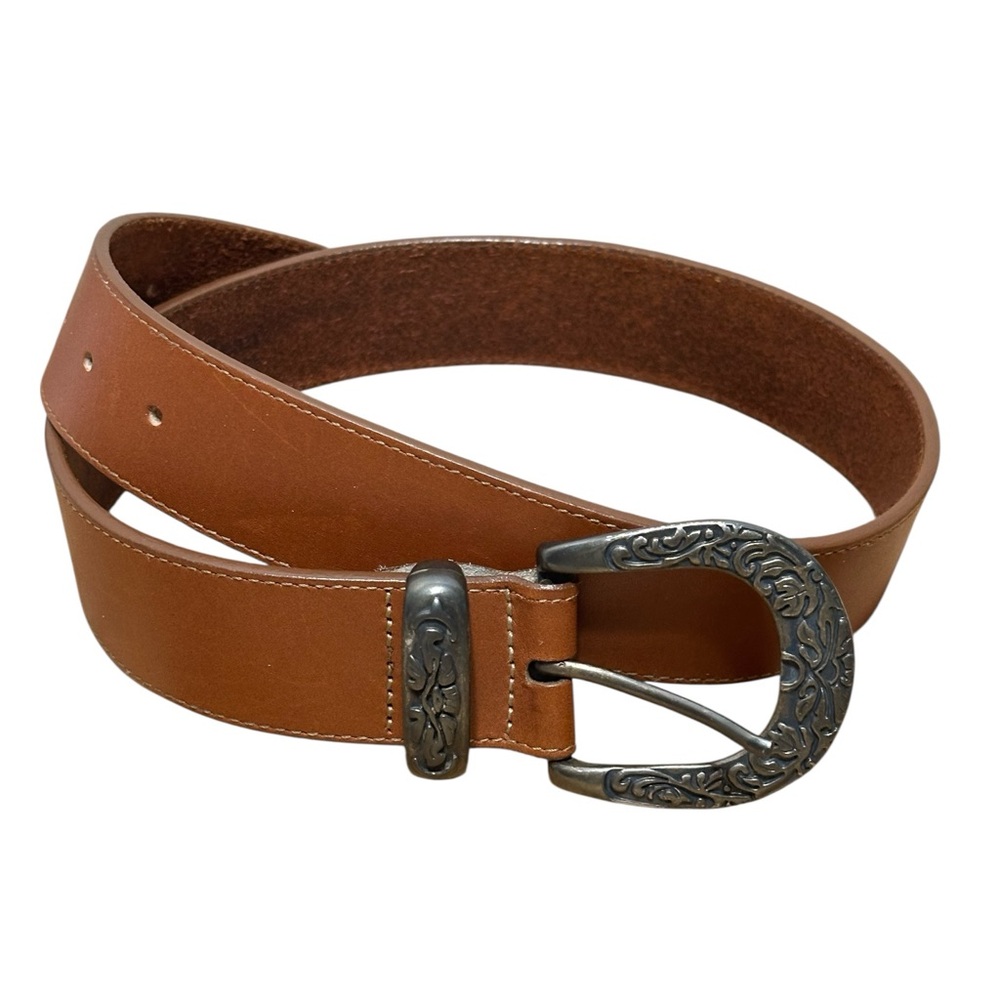 LL Bean Vintage Cognac Brown Leather Ornate Antique Silver Western Buckle Belt